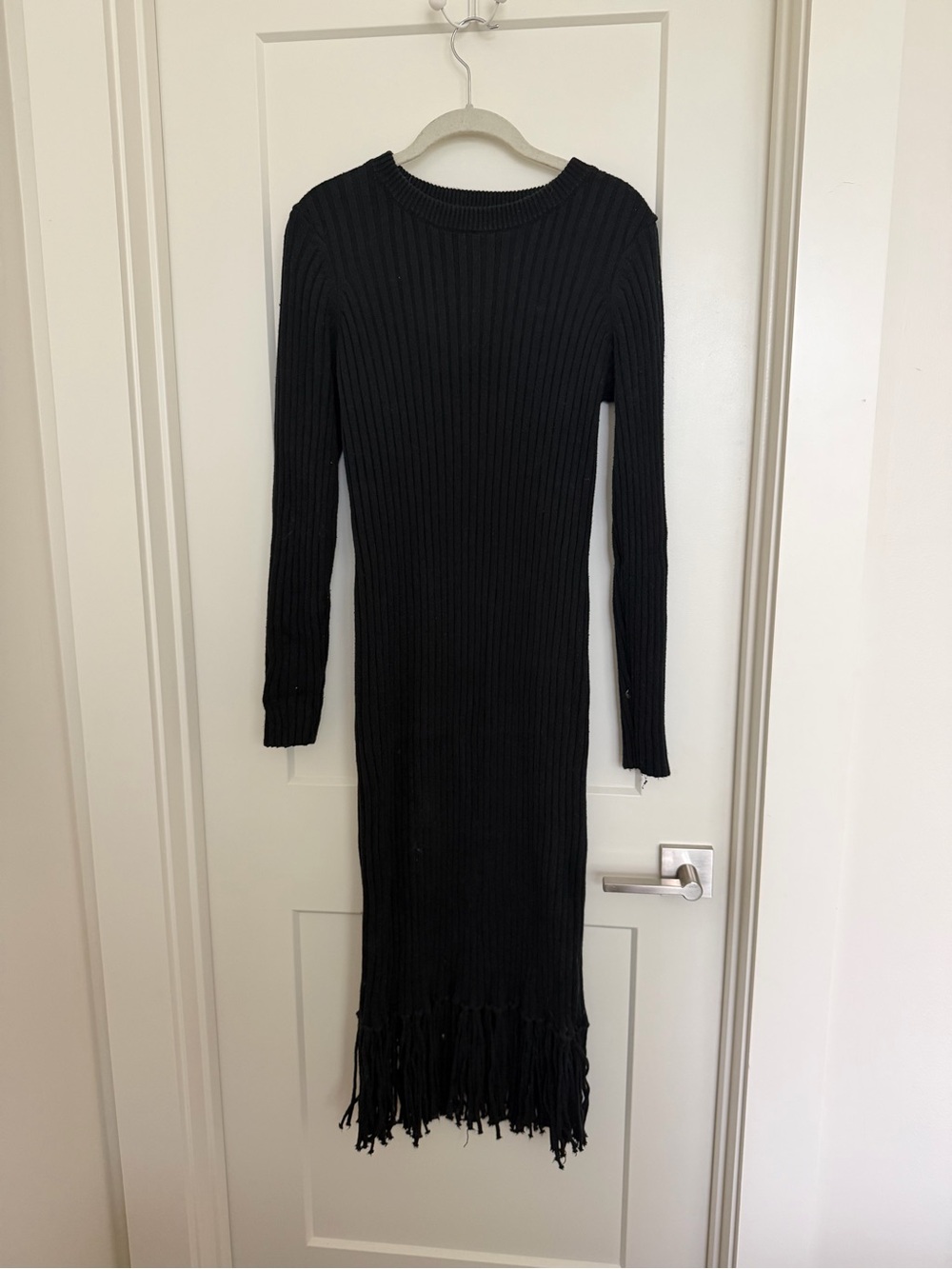 H&M Black Ribbed Fringe-Hem Long Sleeve Dress